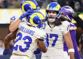 Inglewood California October 24, 2024-Rams running back Kyren Williams (23) celebrates.