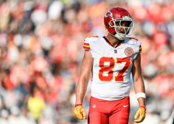 CHARLOTTE, NORTH CAROLINA - NOVEMBER 24: Travis Kelce #87 of the Kansas City Chiefs looks on during the second quarter of his game against the Carolina Panthers at Bank of America Stadium on November 24, 2024 in Charlotte, North Carolina. (Photo by Matt Kelley/Getty Images)