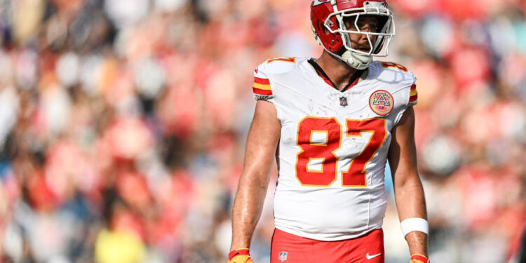 CHARLOTTE, NORTH CAROLINA - NOVEMBER 24: Travis Kelce #87 of the Kansas City Chiefs looks on during the second quarter of his game against the Carolina Panthers at Bank of America Stadium on November 24, 2024 in Charlotte, North Carolina. (Photo by Matt Kelley/Getty Images)