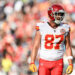 CHARLOTTE, NORTH CAROLINA - NOVEMBER 24: Travis Kelce #87 of the Kansas City Chiefs looks on during the second quarter of his game against the Carolina Panthers at Bank of America Stadium on November 24, 2024 in Charlotte, North Carolina. (Photo by Matt Kelley/Getty Images)