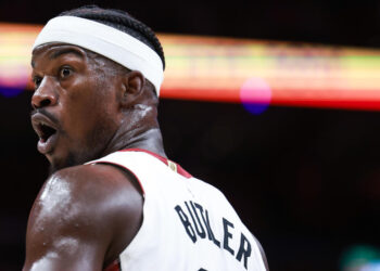 MIAMI, FLORIDA - OCTOBER 28: Jimmy Butler #22 of the Miami Heat reacts against the Detroit Pistons during the first half at Kaseya Center on October 28, 2024 in Miami, Florida. NOTE TO USER: User expressly acknowledges and agrees that, by downloading and or using this photograph, User is consenting to the terms and conditions of the Getty Images License Agreement. (Photo by Carmen Mandato/Getty Images)