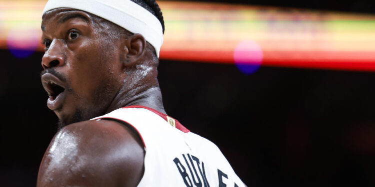 MIAMI, FLORIDA - OCTOBER 28: Jimmy Butler #22 of the Miami Heat reacts against the Detroit Pistons during the first half at Kaseya Center on October 28, 2024 in Miami, Florida. NOTE TO USER: User expressly acknowledges and agrees that, by downloading and or using this photograph, User is consenting to the terms and conditions of the Getty Images License Agreement. (Photo by Carmen Mandato/Getty Images)