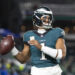 PHILADELPHIA, PENNSYLVANIA - NOVEMBER 14: Jalen Hurts #1 of the Philadelphia Eagles looks to pass prior to an NFL Football game against the Washington Commanders at Lincoln Financial Field on November 14, 2024 in Philadelphia, Pennsylvania. (Photo by Michael Owens/Getty Images)