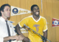 INGLEWOOD, CA - CIRCA 1982: Head Coach  Pat Riley and Magic Johnson #32 of the Los Angeles Lakers talks to the media after an NBA basketball game circa 1982 at The Forum in Inglewood, California. Riley coached the Lakers from 1981-1990. (Photo by Focus on Sport/Getty Images) *** Local Caption *** Pat Riley; Magic Johnson