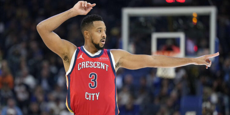 SAN FRANCISCO, CALIFORNIA - OCTOBER 29: CJ McCollum #3 of the New Orleans Pelicans looks on against the Golden State Warriors during the second quarter of an NBA basketball game at Chase Center on October 29, 2024 in San Francisco, California. NOTE TO USER: User expressly acknowledges and agrees that, by downloading and or using this photograph, User is consenting to the terms and conditions of the Getty Images License Agreement. (Photo by Thearon W. Henderson/Getty Images)