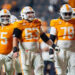 KNOXVILLE, TENNESSEE - NOVEMBER 09: Jackson Lampley #75 of the Tennessee Volunteers, Cooper Mays #63, and Shamurad Umarov #79 look on against the Mississippi State Bulldogs during their game at Neyland Stadium on November 09, 2024 in Knoxville, Tennessee. (Photo by Jacob Kupferman/Getty Images)