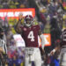 Alabama quarterback Jalen Milroe (4) celebrates his touchdown carry in the first half an NCAA college football game against LSU in Baton Rouge, La., Saturday, Nov. 9, 2024. (AP Photo/Gerald Herbert)