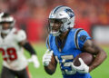 TAMPA, FLORIDA - DECEMBER 3: Jonathan Mingo #15 of the Carolina Panthers runs against the Tampa Bay Buccaneers at Raymond James Stadium on December 3, 2023 in Tampa, Florida. (Photo by Mike Carlson/Getty Images)