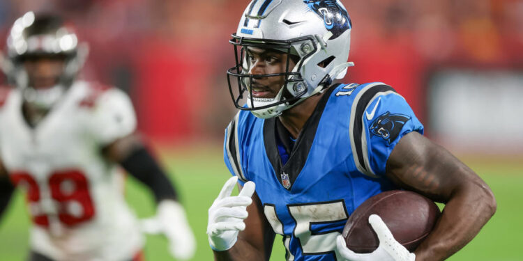 TAMPA, FLORIDA - DECEMBER 3: Jonathan Mingo #15 of the Carolina Panthers runs against the Tampa Bay Buccaneers at Raymond James Stadium on December 3, 2023 in Tampa, Florida. (Photo by Mike Carlson/Getty Images)