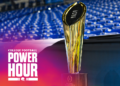 The College Football Playoff (CFP) Championship trophy sits on display during the 2024 Big Ten Media Days on July 23, 2024 at Lucas Oil Stadium in Indianapolis, IN. (Photo by James Black/Icon Sportswire via Getty Images)