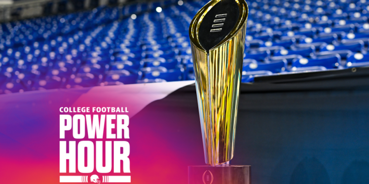 The College Football Playoff (CFP) Championship trophy sits on display during the 2024 Big Ten Media Days on July 23, 2024 at Lucas Oil Stadium in Indianapolis, IN. (Photo by James Black/Icon Sportswire via Getty Images)