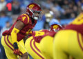 PASADENA, CALIFORNIA - NOVEMBER 23:  Woody Marks #4 of the USC Trojans  lines up for a play during the first half of a game against the UCLA Bruins at the Rose Bowl on November 23, 2024 in Pasadena, California.  (Photo by Sean M. Haffey/Getty Images)