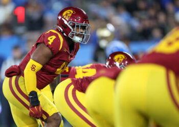 PASADENA, CALIFORNIA - NOVEMBER 23:  Woody Marks #4 of the USC Trojans  lines up for a play during the first half of a game against the UCLA Bruins at the Rose Bowl on November 23, 2024 in Pasadena, California.  (Photo by Sean M. Haffey/Getty Images)