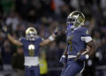 Notre Dame running back Jeremiyah Love scores a touchdown during the first half of an NCAA college football game against Army at Yankee Stadium on Saturday, Nov. 23, 2024, in New York. (AP Photo/Adam Hunger)