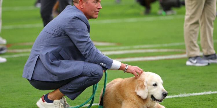 TUSCALOOSA, ALABAMA - SEPTEMBER 28: ESPN sportscaster Kirk Herbstreit and his dog Ben look on before the game between the Alabama Crimson Tide and the Georgia Bulldogs at Bryant-Denny Stadium on September 28, 2024 in Tuscaloosa, Alabama. (Photo by Kevin C. Cox/Getty Images)