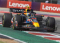 AUSTIN, TX - OCTOBER 22: Oracle Red Bull Racing driver Sergio Perez (11) of Mexico rides on the rumble strips as he leaves turn 20 during the Formula 1 Lenovo United States Grand Prix on October 22, 2023, at Circuit of The Americas in Austin, Texas.  (Photo by David Buono/Icon Sportswire via Getty Images)