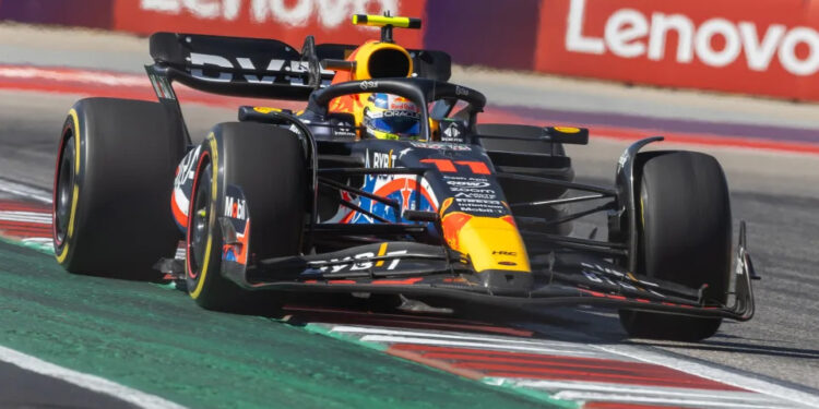 AUSTIN, TX - OCTOBER 22: Oracle Red Bull Racing driver Sergio Perez (11) of Mexico rides on the rumble strips as he leaves turn 20 during the Formula 1 Lenovo United States Grand Prix on October 22, 2023, at Circuit of The Americas in Austin, Texas.  (Photo by David Buono/Icon Sportswire via Getty Images)