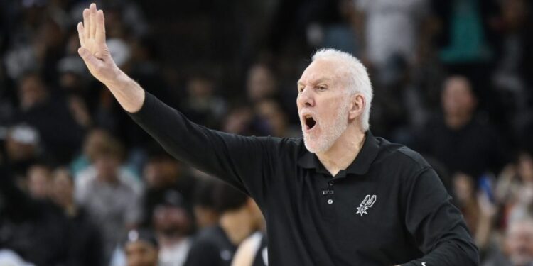 San Antonio Spurs coach Gregg Popovich yells to players during the second half of the team's NBA basketball game against the Milwaukee Bucks, Thursday, Jan. 4, 2024, in San Antonio. (AP Photo/Darren Abate)