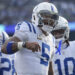 Indianapolis Colts quarterback Anthony Richardson (5) reacts after scoring a touchdown against the New York Jets during the second quarter of an NFL football game, Sunday, Nov. 17, 2024, in East Rutherford, N.J. (AP Photo/Seth Wenig)