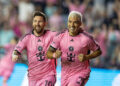 FORT LAUDERDALE, FLORIDA - OCTOBER 25: Lionel Messi celebrates Luis Suarez goal for Inter Miami CF (2) during round one of the 2024 MLS playoff game against Atlanta United FC (1) at the Chase Stadium on October 25th, 2024 in Fort Lauderdale, Florida, USA. (Photo by Simon Bruty/Anychance/Getty Images)