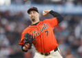 SAN FRANCISCO, CALIFORNIA - AUGUST 30: Blake Snell #7 of the San Francisco Giants pitches in the top of the first inning against the Miami Marlins at Oracle Park on August 30, 2024 in San Francisco, California. (Photo by Lachlan Cunningham/Getty Images)