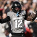 BOULDER, COLORADO - NOVEMBER 16: Travis Hunter #12 of Colorado Buffaloes celebrates catching a pass during the second quarter against the Utah Utes at Folsom Field on November 16, 2024 in Boulder, Colorado. (Photo by Andrew Wevers/Getty Images)