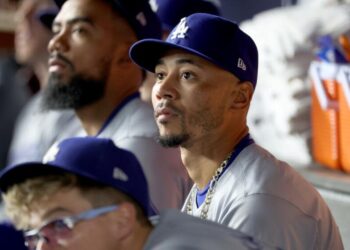 LOS ANGELES, CA - OCTOBER 28, 2024: Los Angeles Dodgers shortstop Mookie Betts (50) in the dugout prior to the game. Game 3 of the World Series against the Yankees at Yankees Stadium in New York City Monday, October 28 2024. (Robert Gauthier/Los Angeles Times)