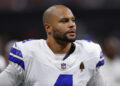 ATLANTA, GEORGIA - NOVEMBER 3: Dak Prescott #4 of the Dallas Cowboys looks on during the third quarter against the Atlanta Falcons at Mercedes-Benz Stadium on November 3, 2024 in Atlanta, Georgia. (Photo by Todd Kirkland/Getty Images)