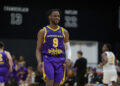 South Bay Lakers guard Bronny James (9) walks on the court during the first half of an NBA G League basketball game against the Salt Lake City Stars Saturday, Nov. 9, 2024, in El Segundo, Calif. (AP Photo/Eric Thayer)