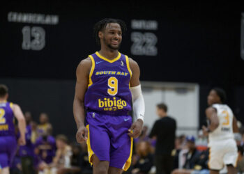 South Bay Lakers guard Bronny James (9) walks on the court during the first half of an NBA G League basketball game against the Salt Lake City Stars Saturday, Nov. 9, 2024, in El Segundo, Calif. (AP Photo/Eric Thayer)