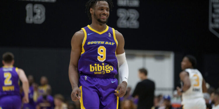 South Bay Lakers guard Bronny James (9) walks on the court during the first half of an NBA G League basketball game against the Salt Lake City Stars Saturday, Nov. 9, 2024, in El Segundo, Calif. (AP Photo/Eric Thayer)