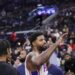 Philadelphia 76ers forward Paul George greets the crowd during the first half of an NBA basketball game, Wednesday against the Los Angeles Clippers, Nov. 6, 2024, in Inglewood, Calif. (AP Photo/Ryan Sun)