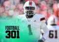 LOUISVILLE, KENTUCKY - OCTOBER 19: Cam Ward #1 of the Miami Hurricanes celebrates after throwing a touchdown pass against the Louisville Cardinals at Cardinal Stadium on October 19, 2024 in Louisville, Kentucky. (Photo by Andy Lyons/Getty Images)