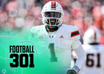 LOUISVILLE, KENTUCKY - OCTOBER 19: Cam Ward #1 of the Miami Hurricanes celebrates after throwing a touchdown pass against the Louisville Cardinals at Cardinal Stadium on October 19, 2024 in Louisville, Kentucky. (Photo by Andy Lyons/Getty Images)