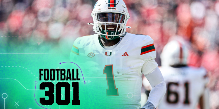 LOUISVILLE, KENTUCKY - OCTOBER 19: Cam Ward #1 of the Miami Hurricanes celebrates after throwing a touchdown pass against the Louisville Cardinals at Cardinal Stadium on October 19, 2024 in Louisville, Kentucky. (Photo by Andy Lyons/Getty Images)