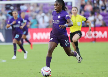 Orlando Pride player Barbra Banda moves the ball against the Kansas City Current during the NWSL soccer playoff match at Inter&Co Stadium in Orlando, Florida, on Sunday, Nov. 17, 2024. Orlando won the match 3-2 to advance to the championship match. (Stephen M. Dowell/Orlando Sentinel/Tribune News Service via Getty Images)