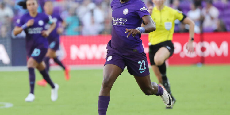 Orlando Pride player Barbra Banda moves the ball against the Kansas City Current during the NWSL soccer playoff match at Inter&Co Stadium in Orlando, Florida, on Sunday, Nov. 17, 2024. Orlando won the match 3-2 to advance to the championship match. (Stephen M. Dowell/Orlando Sentinel/Tribune News Service via Getty Images)