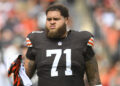 FILE -Cleveland Browns offensive tackle Jedrick Wills Jr. (71) prepares for an NFL football game against the New York Giants, Sunday, Sept. 22, 2024 in Cleveland. (AP Photo/David Richard, FIle)