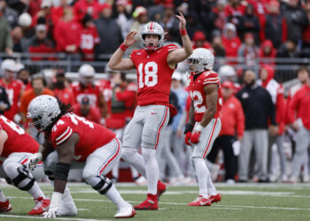 COLUMBUS, OH - NOVEMBER 23: Ohio State Buckeyes quarterback Will Howard (18) directs the offense before the snap during a college football game against the Indiana Hoosiers on November 23, 2024 at Ohio Stadium in Columbus, Ohio. (Photo by Joe Robbins/Icon Sportswire via Getty Images)