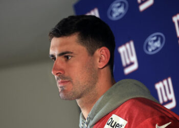 08 November 2024, Bavaria, Munich: American football, NFL, Daniel Jones of the New York Giants, stands at a press conference on the grounds of FC Bayern at Säbener Strasse. Photo: Karl-Josef Hildenbrand/dpa (Photo by Karl-Josef Hildenbrand/picture alliance via Getty Images)