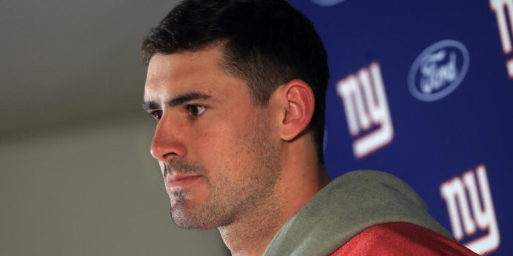 08 November 2024, Bavaria, Munich: American football, NFL, Daniel Jones of the New York Giants, stands at a press conference on the grounds of FC Bayern at Säbener Strasse. Photo: Karl-Josef Hildenbrand/dpa (Photo by Karl-Josef Hildenbrand/picture alliance via Getty Images)