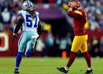 <span>Austin Seibert takes in his second missed extra point against the Dallas Cowboys.</span><span>Photograph: Peter Casey/USA Today Sports</span>