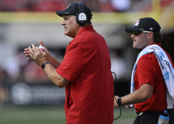 Sep 7, 2024; Louisville, Kentucky, USA;  Jacksonville State Gamecocks head coach Rich Rodriguez reacts on the sideline during the first half against the Louisville Cardinals at L&N Federal Credit Union Stadium. Mandatory Credit: Jamie Rhodes-Imagn Images