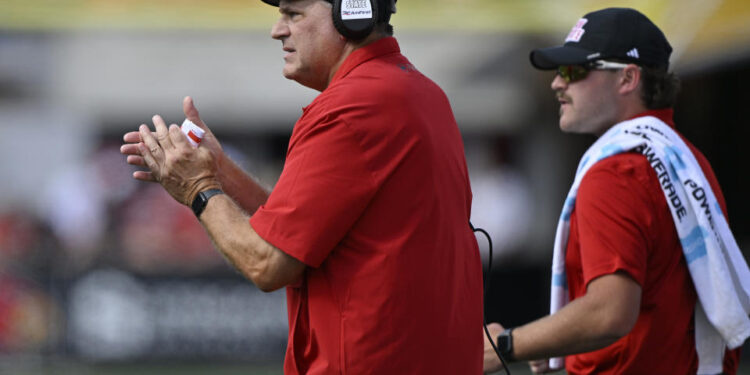 Sep 7, 2024; Louisville, Kentucky, USA;  Jacksonville State Gamecocks head coach Rich Rodriguez reacts on the sideline during the first half against the Louisville Cardinals at L&N Federal Credit Union Stadium. Mandatory Credit: Jamie Rhodes-Imagn Images