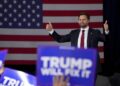 Republican vice presidential nominee Sen. JD Vance, R-Ohio, gestures to the crowd after speaking during a campaign rally on Monday, Nov. 4, 2024, in Newtown, Pa.