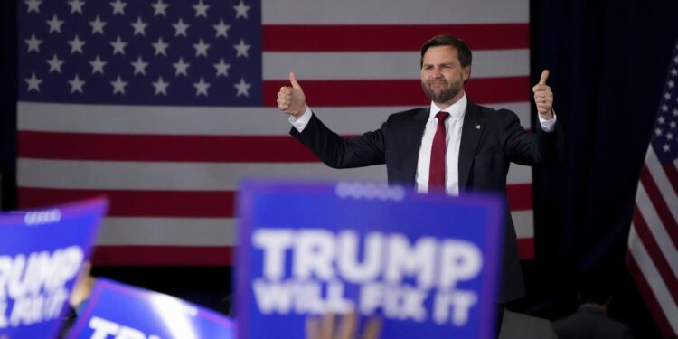 Republican vice presidential nominee Sen. JD Vance, R-Ohio, gestures to the crowd after speaking during a campaign rally on Monday, Nov. 4, 2024, in Newtown, Pa.