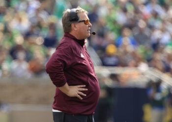 SOUTH BEND, INDIANA - SEPTEMBER 16: Head coach Jim McElwain of the Central Michigan Chippewas looks on in the game against the Notre Dame Fighting Irish at Notre Dame Stadium on September 16, 2023 in South Bend, Indiana. (Photo by Justin Casterline/Getty Images)