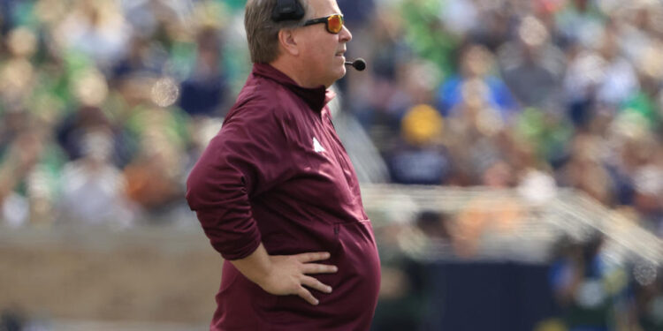 SOUTH BEND, INDIANA - SEPTEMBER 16: Head coach Jim McElwain of the Central Michigan Chippewas looks on in the game against the Notre Dame Fighting Irish at Notre Dame Stadium on September 16, 2023 in South Bend, Indiana. (Photo by Justin Casterline/Getty Images)