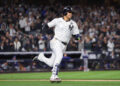 NEW YORK, NEW YORK - OCTOBER 29:  Juan Soto #22 of the New York Yankees doubles during the eighth inning of Game Four of the 2024 World Series against the Los Angeles Dodgers at Yankee Stadium on October 29, 2024 in the Bronx borough of New York City. (Photo by Sarah Stier/Getty Images)