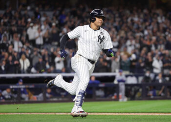 NEW YORK, NEW YORK - OCTOBER 29:  Juan Soto #22 of the New York Yankees doubles during the eighth inning of Game Four of the 2024 World Series against the Los Angeles Dodgers at Yankee Stadium on October 29, 2024 in the Bronx borough of New York City. (Photo by Sarah Stier/Getty Images)